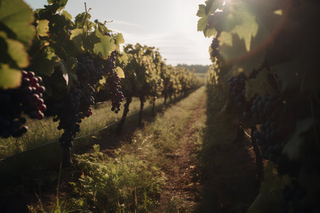 Ripe grapes in a vineyard in the sunlight at sunset.の素材