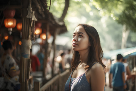 Portrait of a beautiful asian woman with long dark hair and blue dress standing on the bridge.の素材
