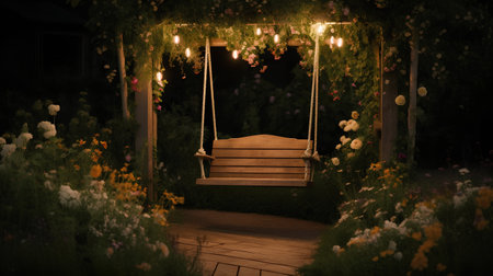 3d rendering of a swing in the garden at night. Vintage style.の素材