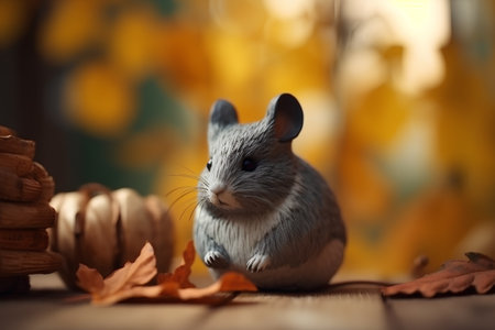 Gray mouse sitting on a wooden table with autumn leaves and acornsの素材