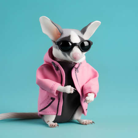 Cute little mouse in pink jacket and sunglasses on blue background.の素材