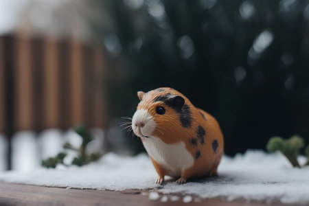 guinea pig in the snow on a wooden background, close-upの素材