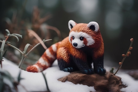 Red panda toy in the snow in the forest, selective focusの素材