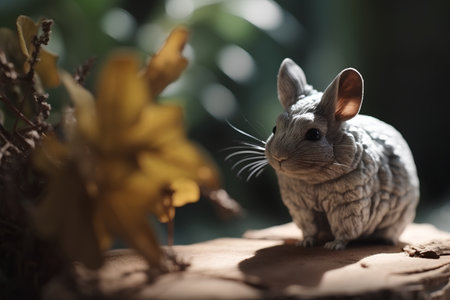 Little gray rabbit with yellow autumn leaves on a wooden table, selective focusの素材