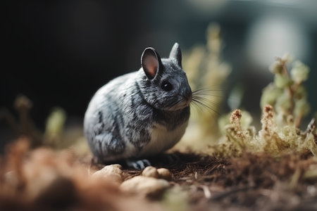 Small mouse in the moss. Selective focus on the mouse.の素材