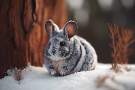 Cute little rabbit in the winter forest with snow on the groundの素材