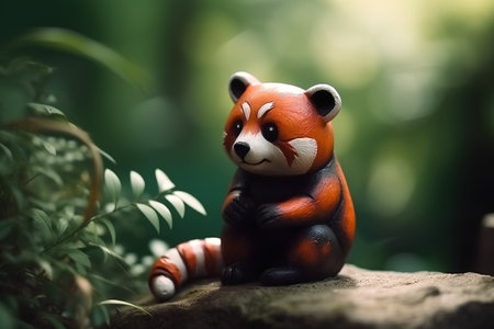 Little red panda sitting on the rock in the green forest.の素材