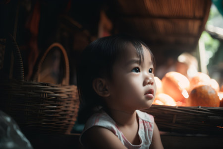 Cute asian little girl in the village. Vintage tone.の素材