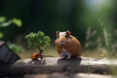 guinea pig on a wooden log with a plant in the backgroundの素材