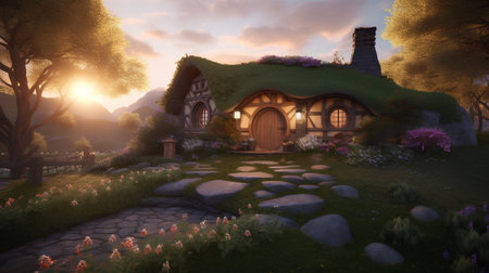 Beautiful fairy house in the meadow. 3D render.の素材