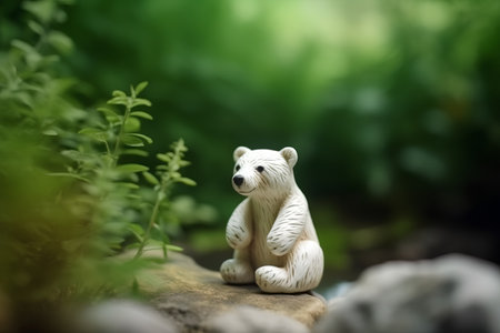 Polar bear figurine sitting on a rock in the garden.の素材