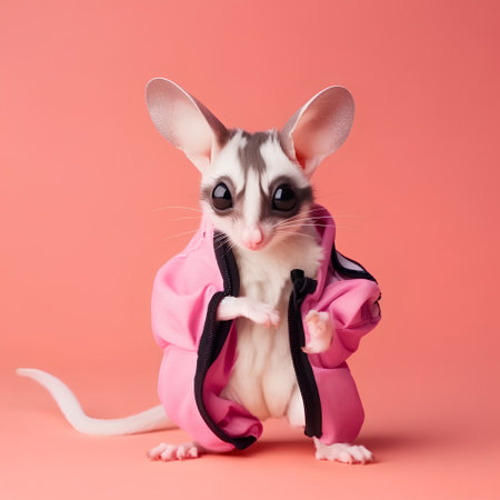 Cute little mouse in a pink jacket on a pink background.の素材