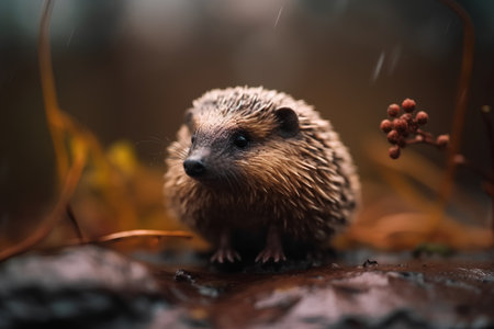 hedgehog in the forest on a wet autumn day. macroの素材