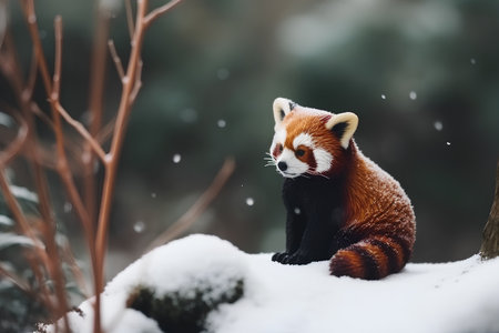 Red panda sitting on the snow in the forest during a snowfallの素材
