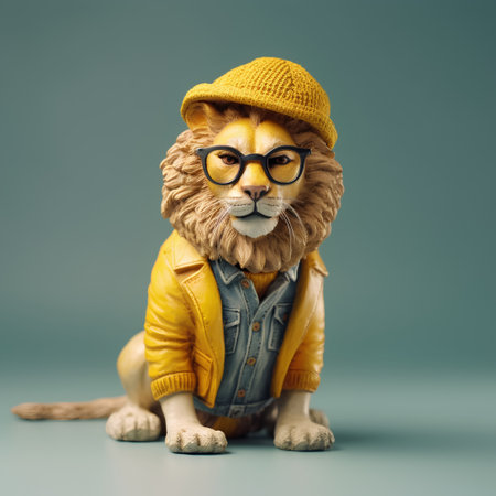 Lion in a yellow jacket, hat and sunglasses on a gray background.の素材
