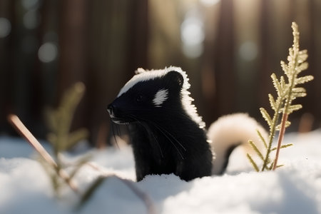 Little black and white skunk standing in the snow in winter forestの素材