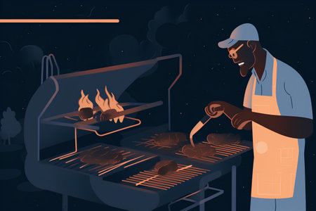 Vector cartoon illustration of man cooking meat on barbecue grill at night.の素材