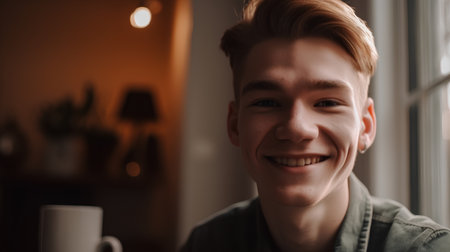 Portrait of a handsome young man smiling and looking at camera.の素材