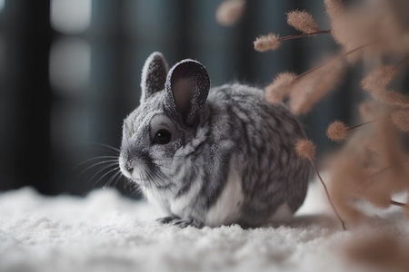 Little gray chinchilla sitting on a white carpet with dry branchesの素材