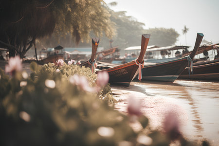 Traditional Thai boats on the river in the morning,Thailand.の素材