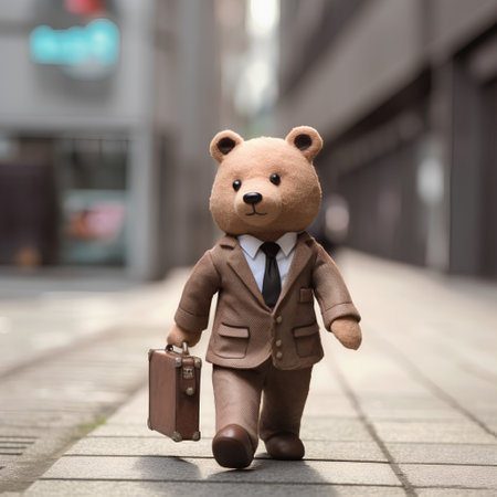 Teddy bear with suitcase on the city street. 3d rendering.の素材