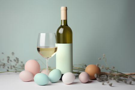 Wine bottle, glass of white wine and easter eggs on pastel backgroundの素材