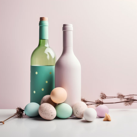 Easter composition with eggs, bottle of wine and flowers on white tableの素材