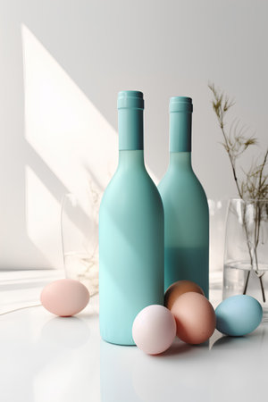 Easter eggs and bottles of wine on a white background. 3d renderingの素材
