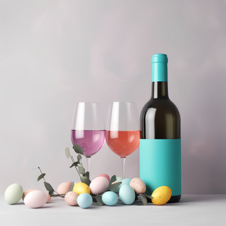 Easter composition with eggs, wine bottle and glasses. 3d renderの素材