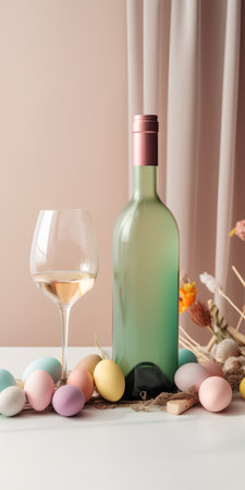 Easter still life with wine, eggs and flowers on the tableの素材