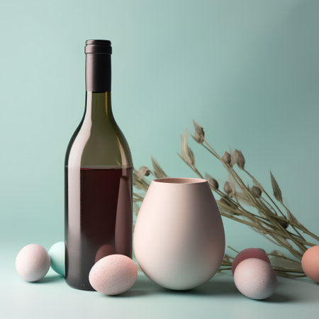 Wine bottle with glass and Easter eggs on pastel blue backgroundの素材
