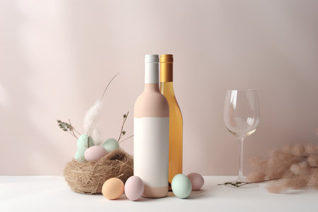 Easter composition with white wine bottle, quail eggs and nest. 3d renderの素材
