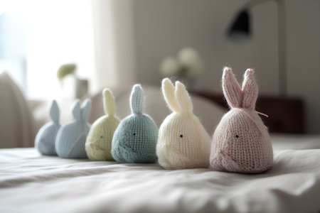 Handmade knitted Easter bunnies in pastel colors on the bedの素材