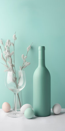 Easter still life with eggs, wine bottle and pussy willow branches in glass vase on pastel turquoise wall background. Mock up, 3D Renderingの素材