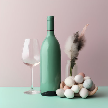 Easter still life with wine, eggs and feathers. 3d renderの素材