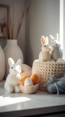 Handmade knitted Easter bunnies with eggs in basket on windowsillの素材