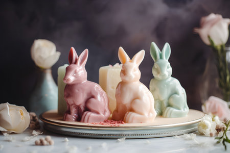 Easter decoration with ceramic bunnies, candles and tulipsの素材