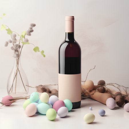 Wine bottle and easter eggs on white background. 3d renderの素材