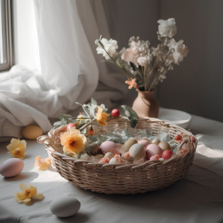 Basket with easter eggs and spring flowers on the windowsillの素材