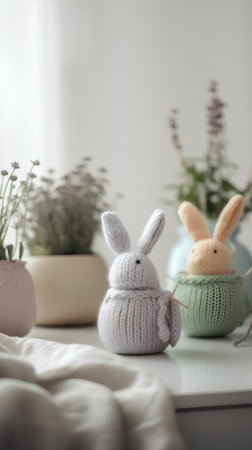 Cute knitted Easter bunnies in pastel colors on a light backgroundの素材