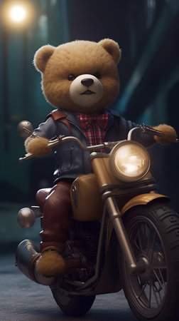 Cute teddy bear sitting on a motorcycle in the night cityの素材