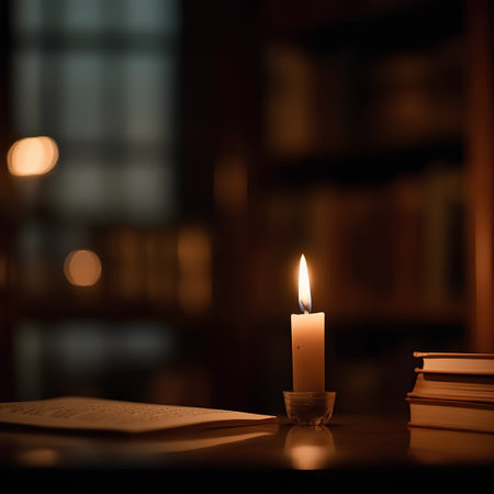 Candle and books on the table in the library. Selective focus.の素材