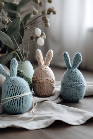 Handmade knitted Easter bunnies on rustic wooden backgroundの素材
