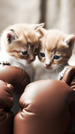 Two little kittens playing together with leather boxing gloves, close-upの素材