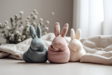 Handmade knitted Easter bunnies in pastel colors on a light backgroundの素材