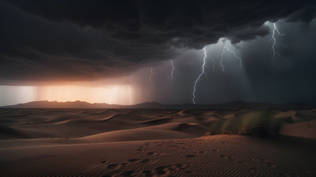 Dangerous thunderstorm in the desert. 3D illustration.の素材