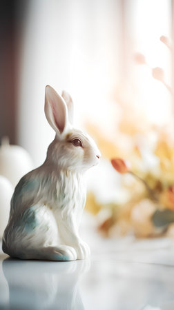 Easter bunny and eggs on white background. Selective focus.の素材
