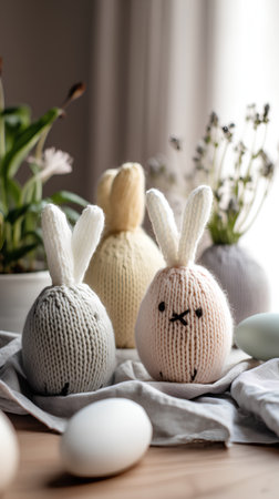 Handmade knitted Easter bunnies and eggs on wooden backgroundの素材