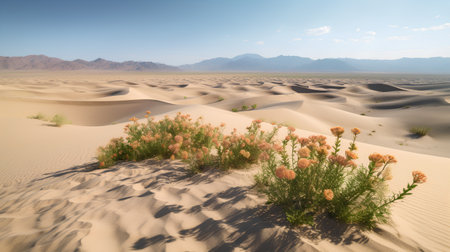 Dunes in the desert. Sand dunes and plants. 3d renderingの素材