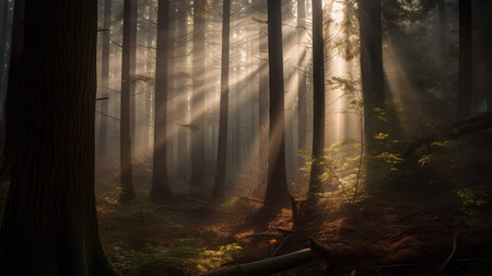 Mysterious dark forest with sunbeams and rays of lightの素材